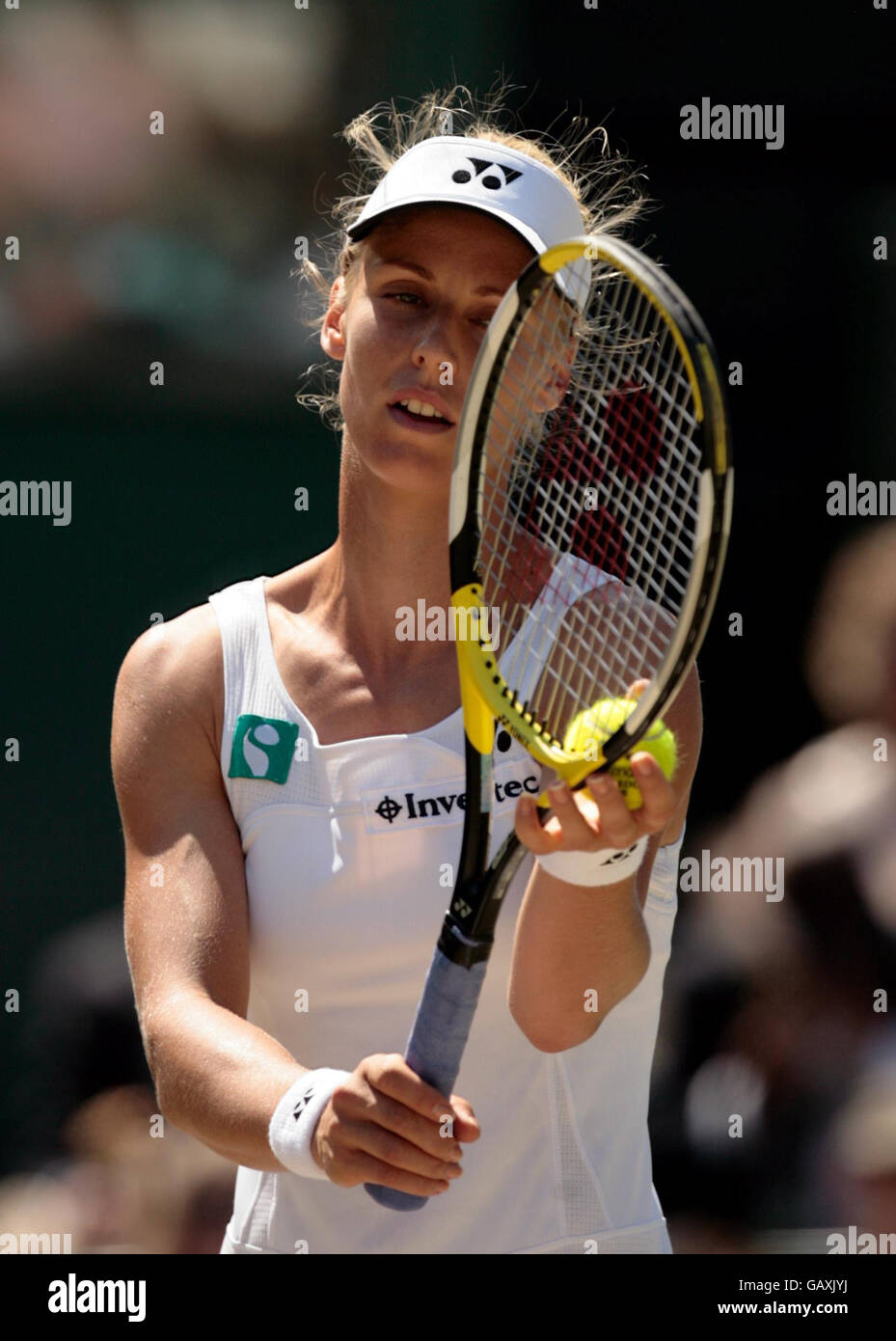 Russia's Elena Dementieva in action against Russia's Nadia Petrova during the Wimbledon Championships 2008 at the All England Tennis Club in Wimbledon. Stock Photo