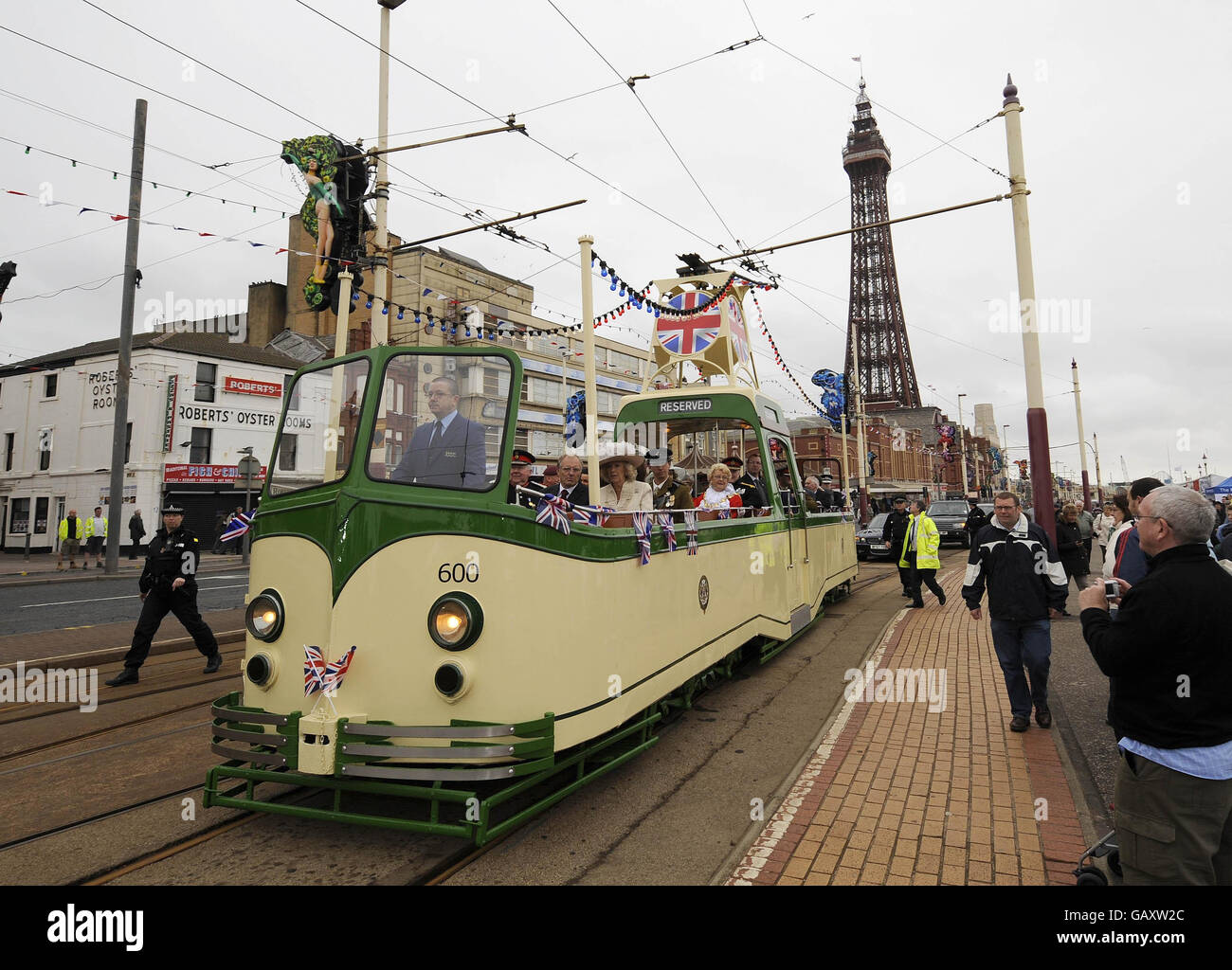 The Duchess of Cornwall travels on a tram through Blackpool today as