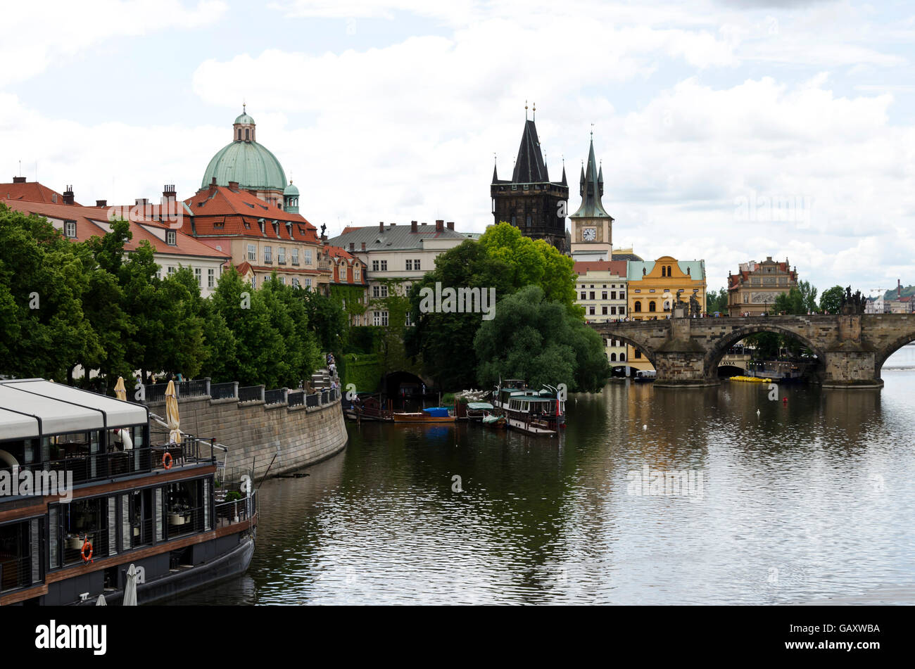 View from the Manesuv Bridge (most) towards the Charles Bridge in the centre of Prague (Praha) in the Czech Republic. Stock Photo