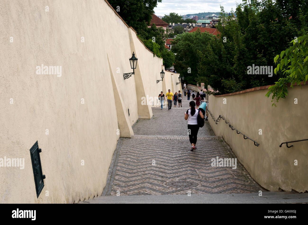 Steps leading to the Old Royal Palace and Castle in the centre of Prague (Praha) in the Czech Republic. Stock Photo