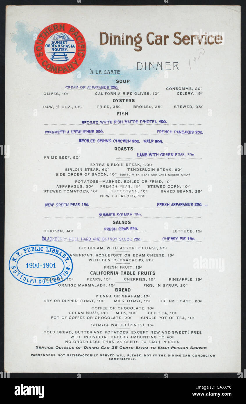A 1904 dining car menu from the Southern Pacific Company's Sunset ...