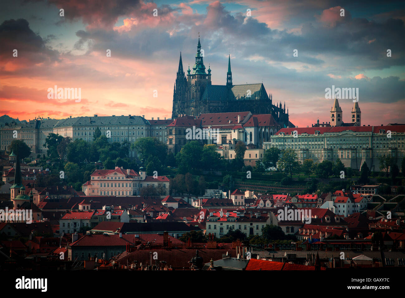Scenic summer panorama of the Old Town architecture with Vltava river and St.Vitus Cathedral in Prague, Czech Republic Stock Photo