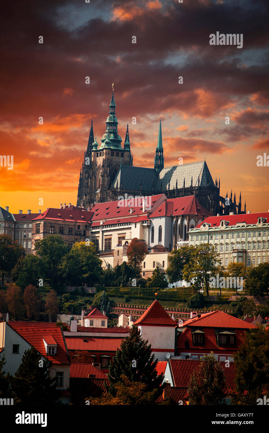 Scenic summer panorama of the Old Town architecture with Vltava river and St.Vitus Cathedral in Prague, Czech Republic Stock Photo
