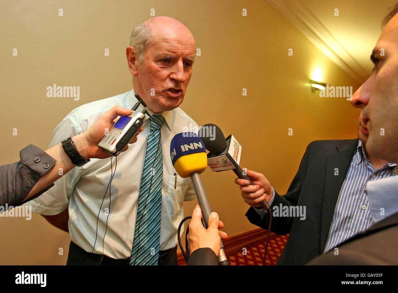 John Kane speaks to the media in the Gresham Hotel, Dublin, after it emerged that the traditional local Irish post office network is on the cusp of collapse because of government inaction over ongoing closures. Stock Photo
