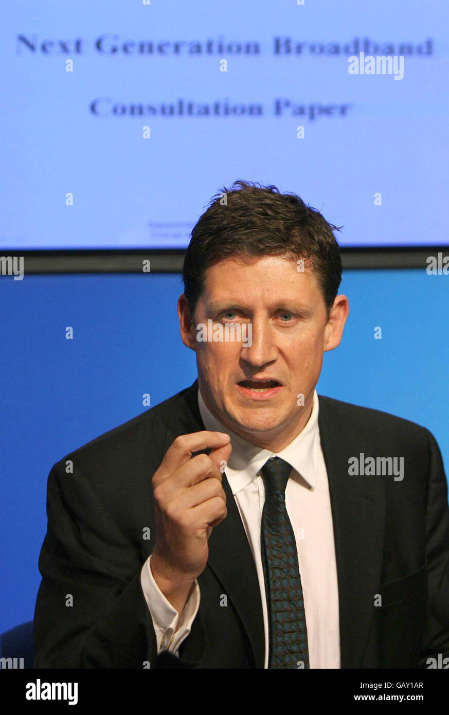 Eamon Ryan, Minister for Communications, Energy and Natural Resources, launches a public consultation paper on Next Generation Broadband at the Government Press Centre in Dublin. Stock Photo