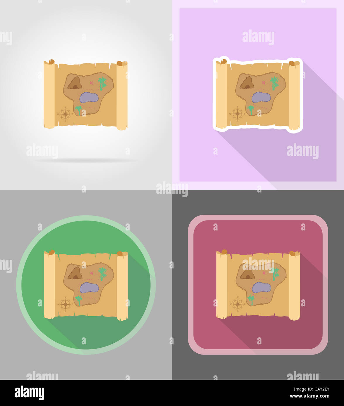 pirate treasure map flat icons illustration isolated on background ...