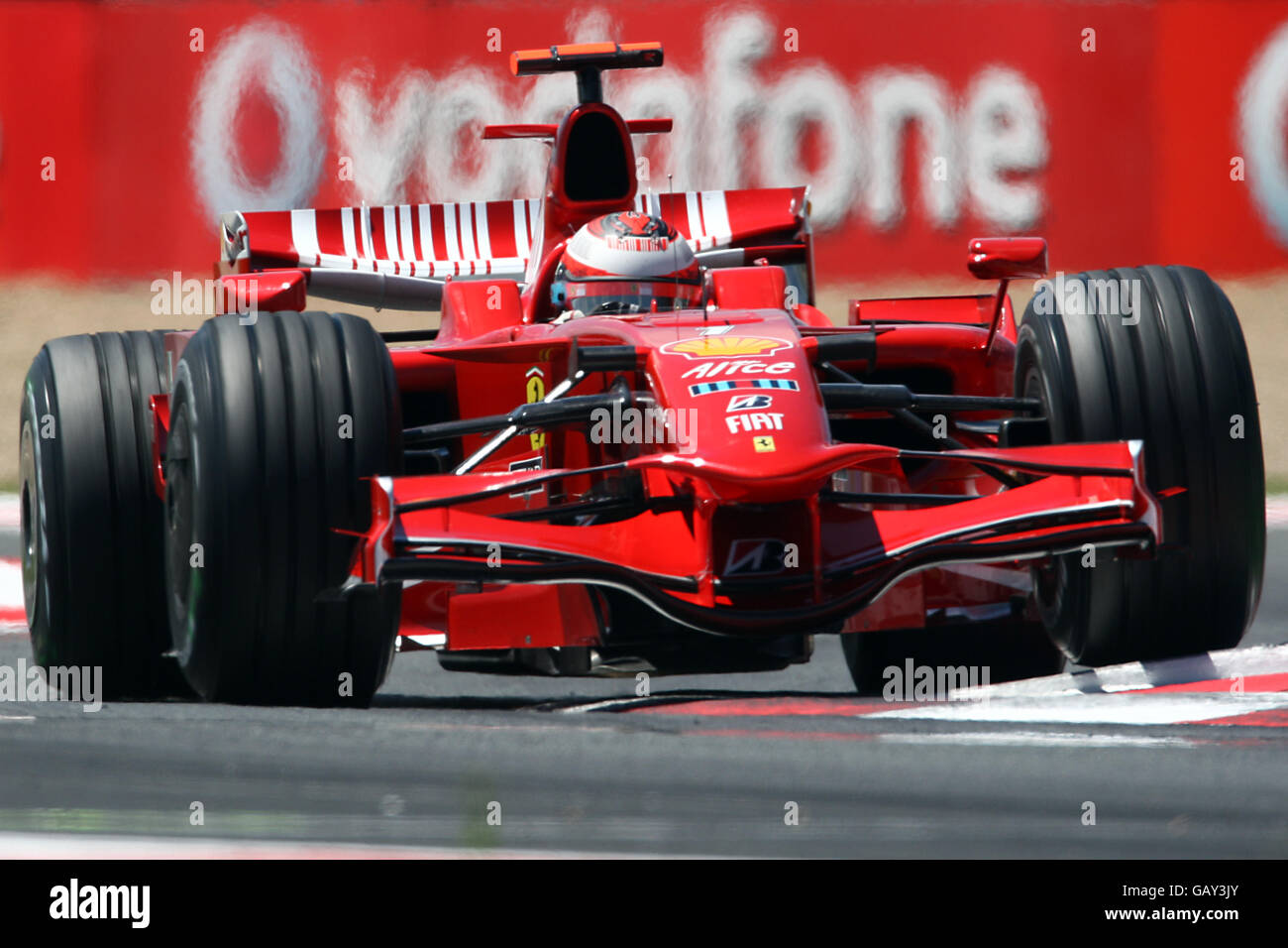 Ferrari's Kimi Raikkonen during qualifying for the Grand Prix at Magny-Cours, Nevers, France. Stock Photo