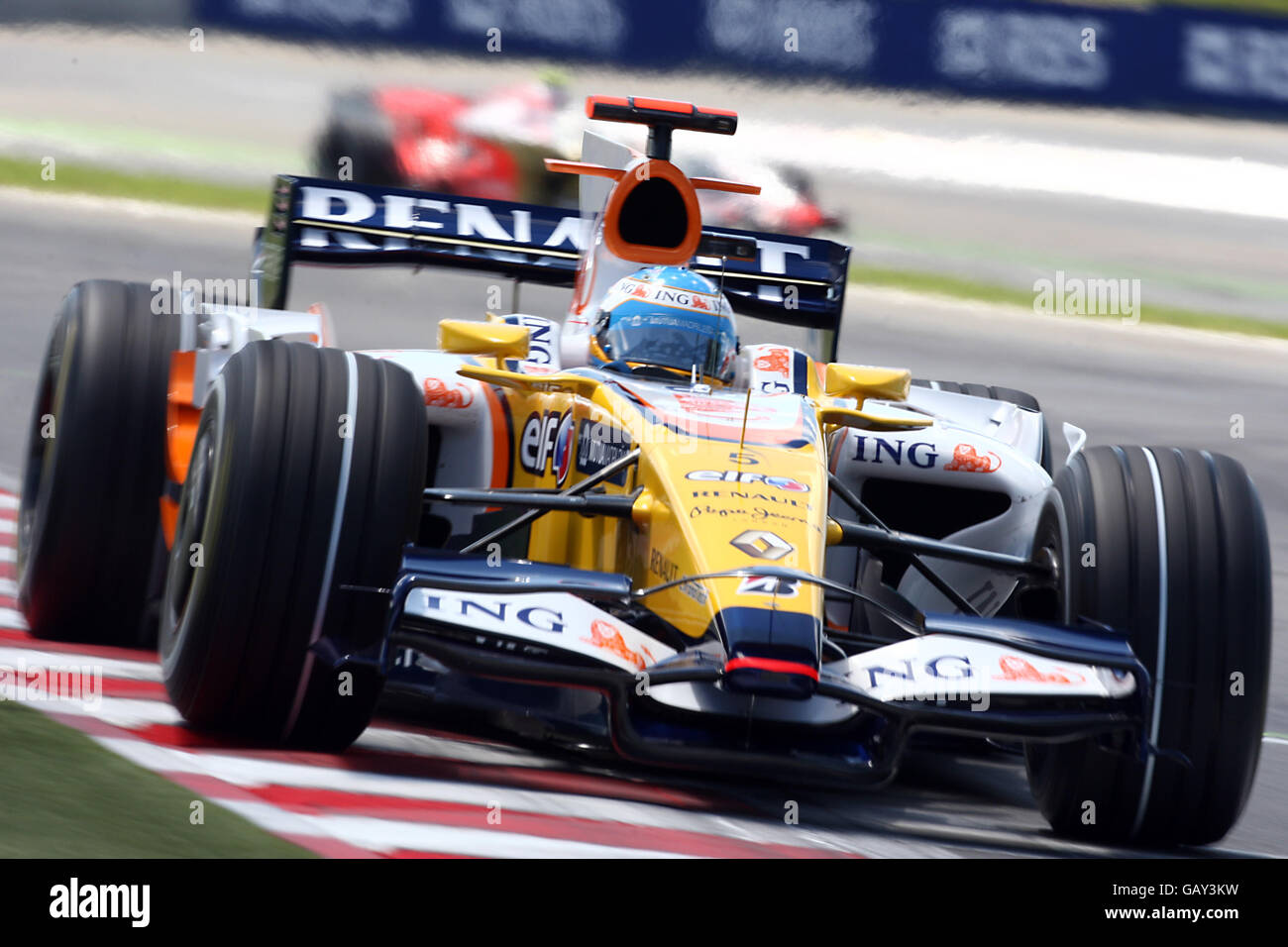 Renault's Fernando Alonso during qualifying for the Grand Prix at Magny-Cours, Nevers, France. Stock Photo