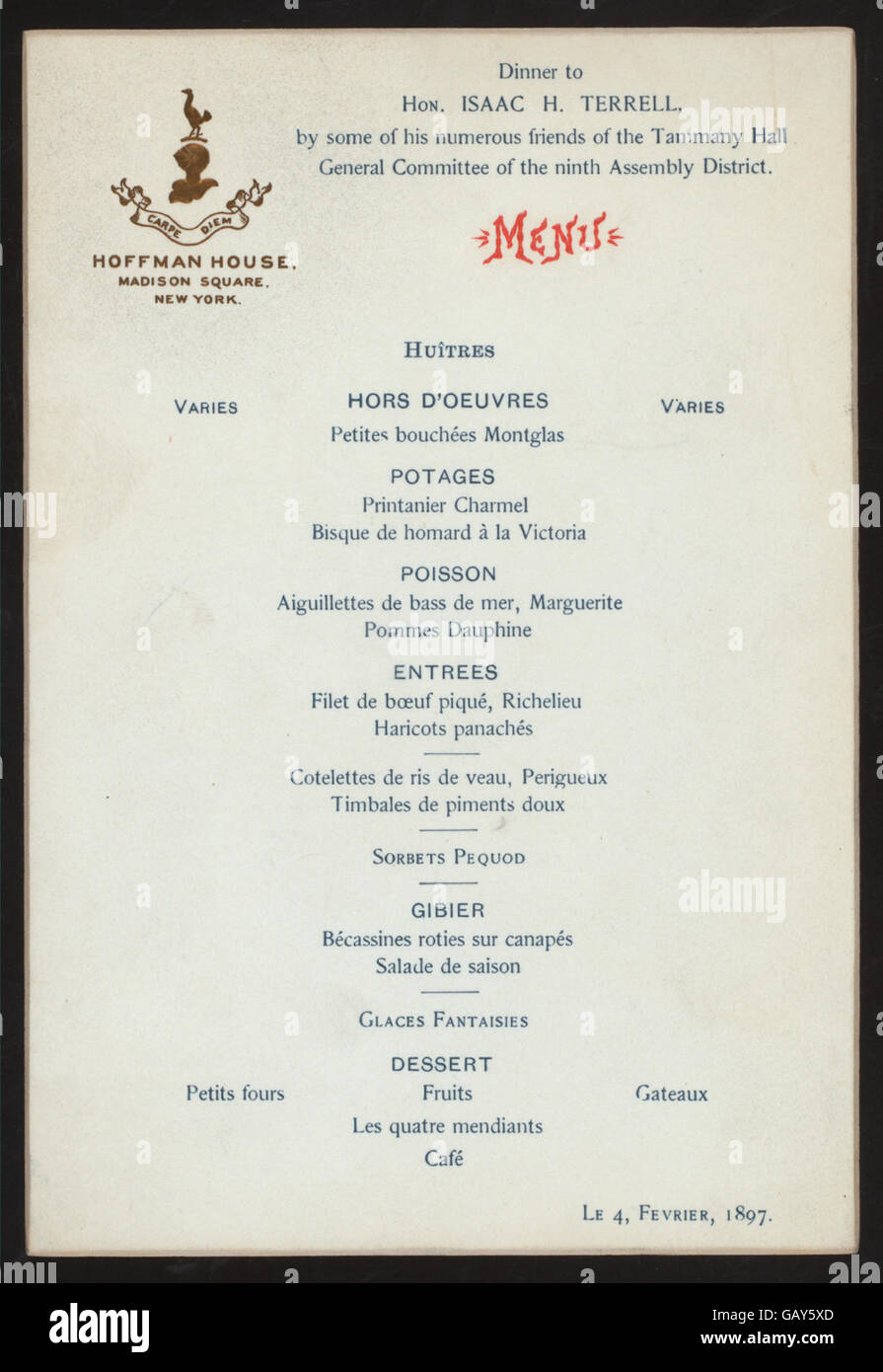 DINNER TO HON.ISAAC H. TERRELL (held by) TAMMANY HALL GENERAL COMMITTEE OF THE NINTH ASSEMBLY DISTRICT (at)  HOFFMAN HOUSE,NEW YORK, NY  (HOTEL;) ( Hades-270865-470573) Stock Photo