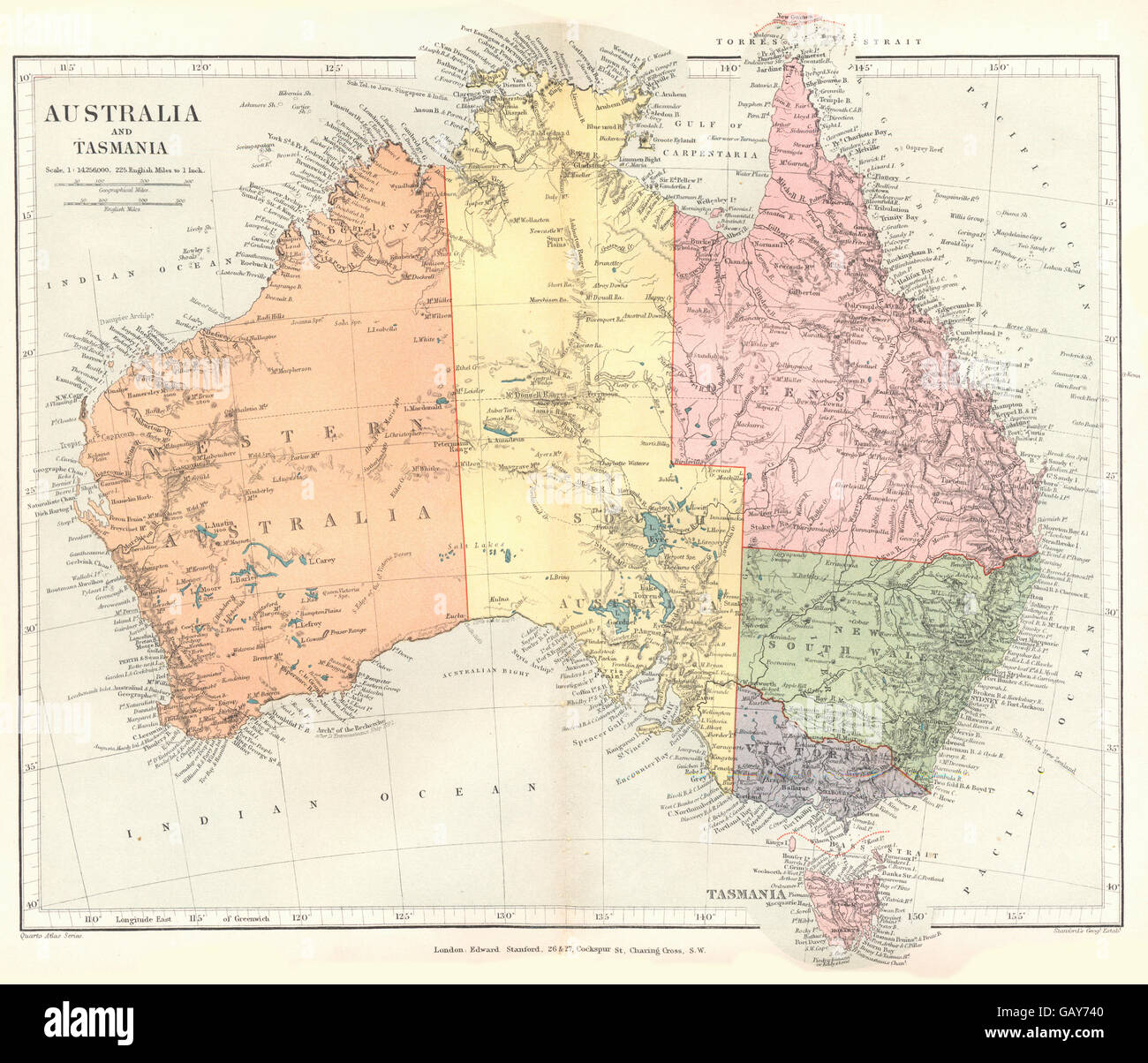 AUSTRALIA: Australia and Tasmania. Stanford, 1892 antique map Stock Photo