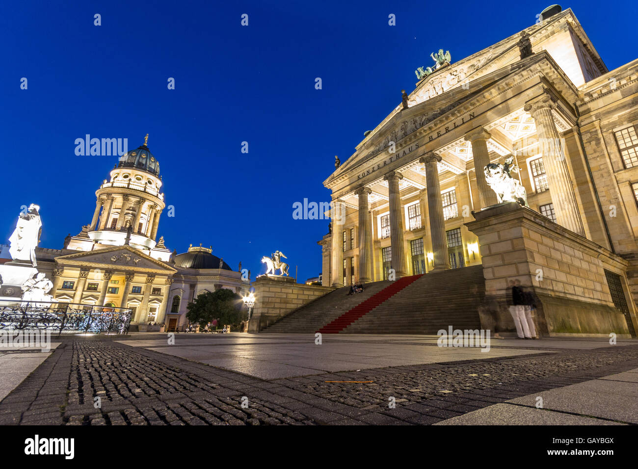 The historic concert hall (Konzerthaus) at Gendarmenmarkt at night in Berlin, Germany. Stock Photo