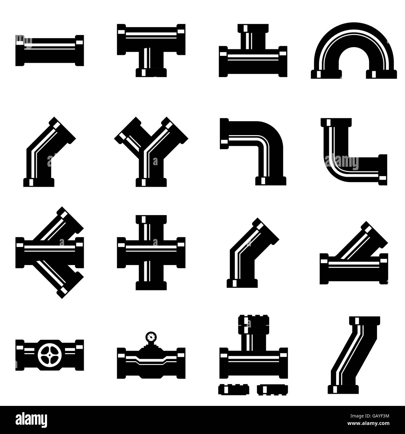 Vector black pipe fittings icon set Stock Vector