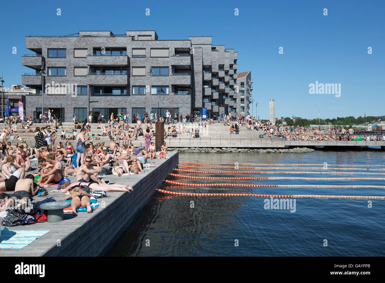 Swimming area at the tip of Sørenga in Oslo. Sørenga is a new neighborhood in Gamlebyen in Oslo, Norway Stock Photo
