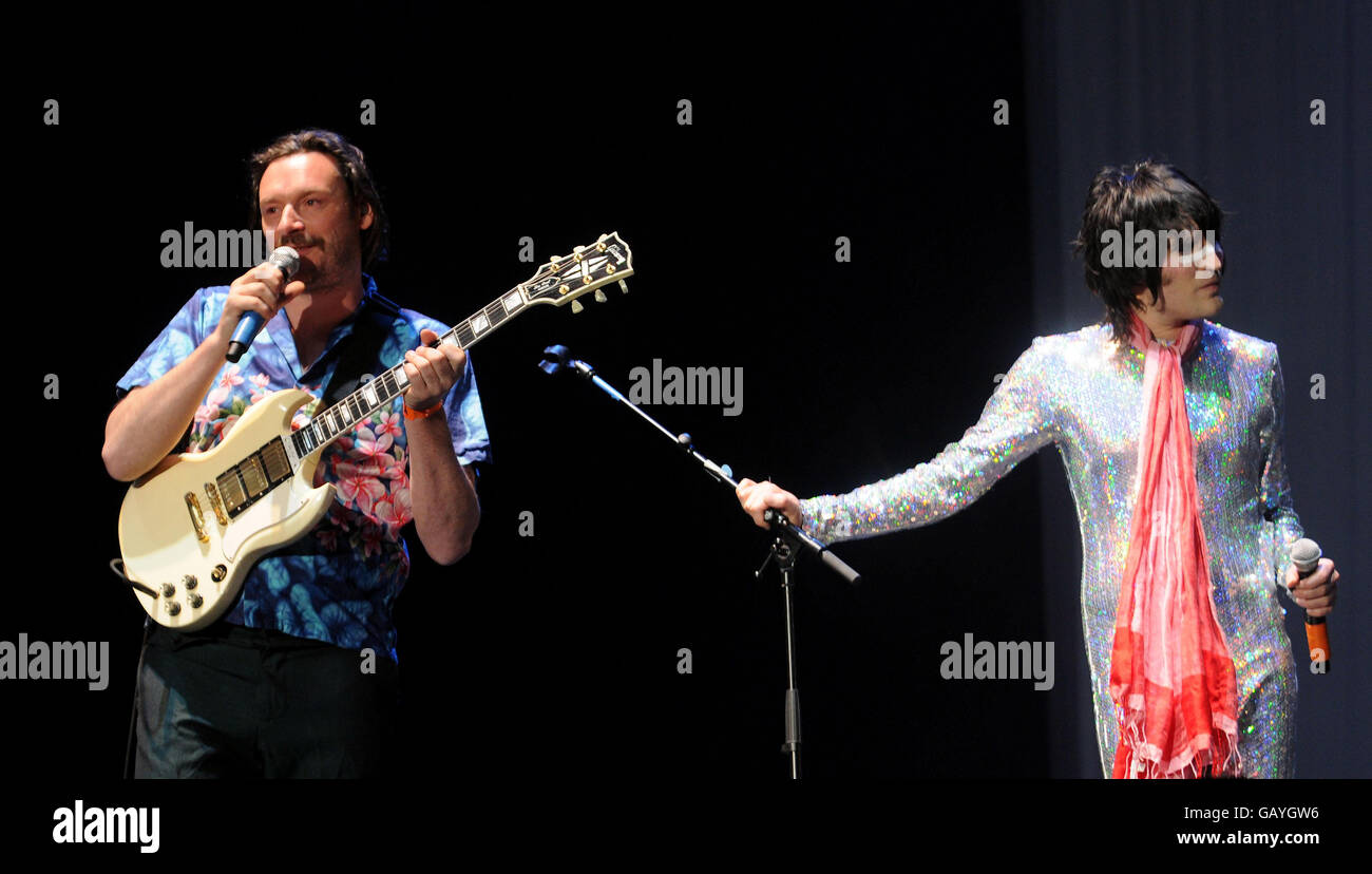 Julian Barratt (left) and Noel Fielding of the Mighty Boosh on stage during the Mighty Boosh Festival at Hop Farm in Kent. Stock Photo