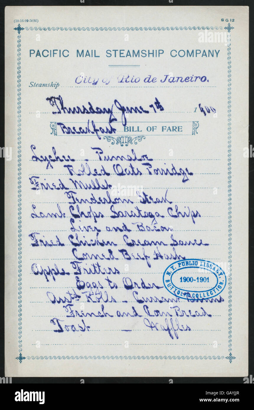 BREAKFAST (held by) PACIFIC MAIL STEAMSHIP COMPANY (at) SS CITY OF RIO ...
