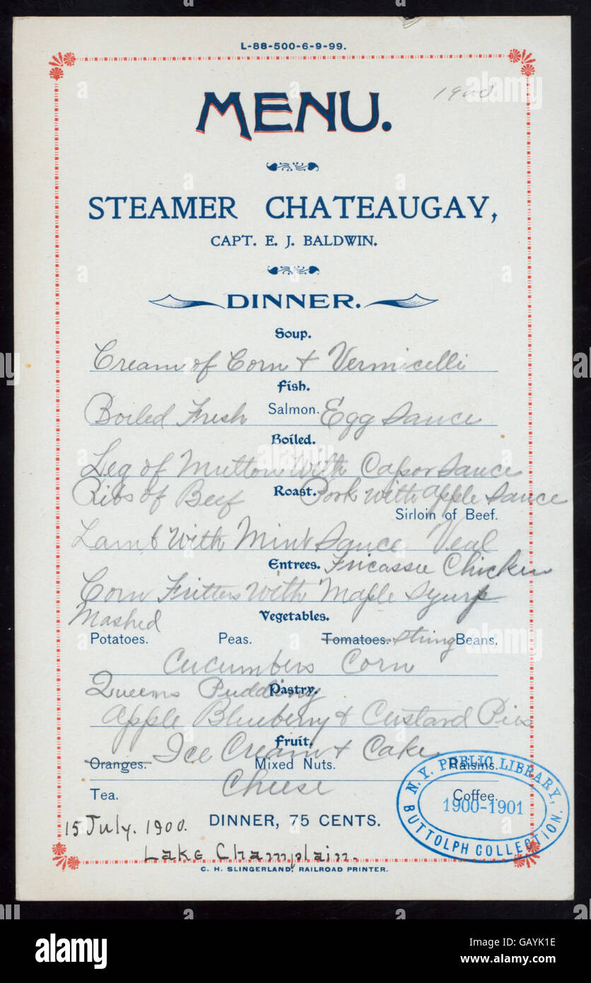 DINNER (held by) STEAMER CHATEAUGAY (at) ABOARD SS CHATEAUGAY, (LAKE