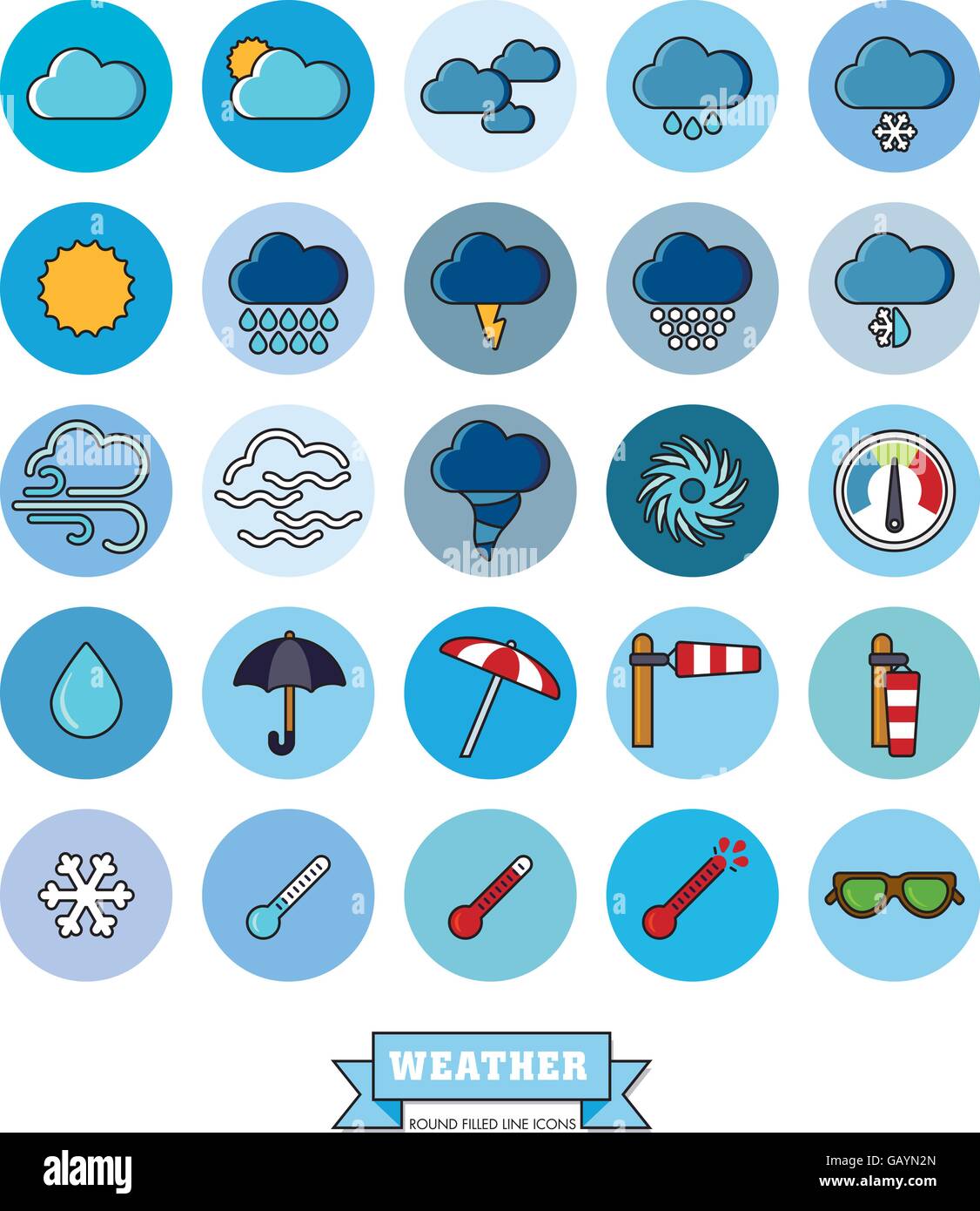 Collection of weather and climate related filled line vector icons in ...