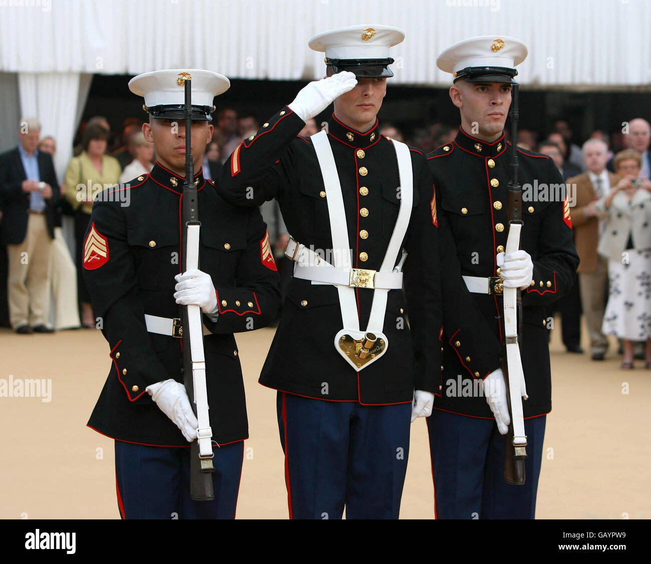 Members of the United States Marine Corp take part in celebrations at the US Ambassador's residence in Phoenix Park, to mark the 4th of July, American Independence Day. Dublin. Stock Photo