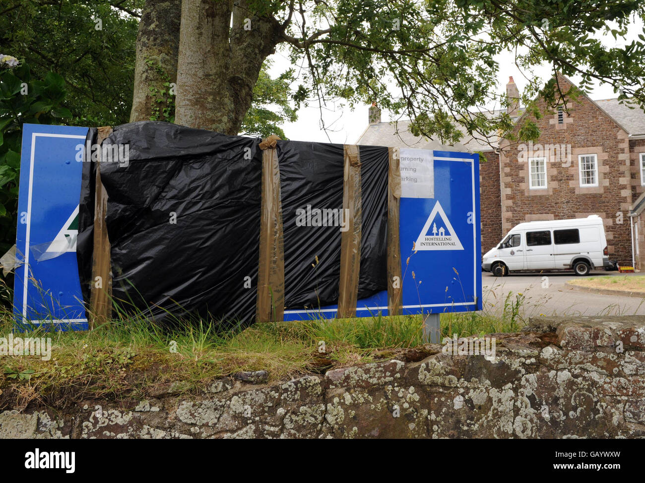 General view of a covered sign at the former children's home at Haut de la Garenne, Jersey. Stock Photo