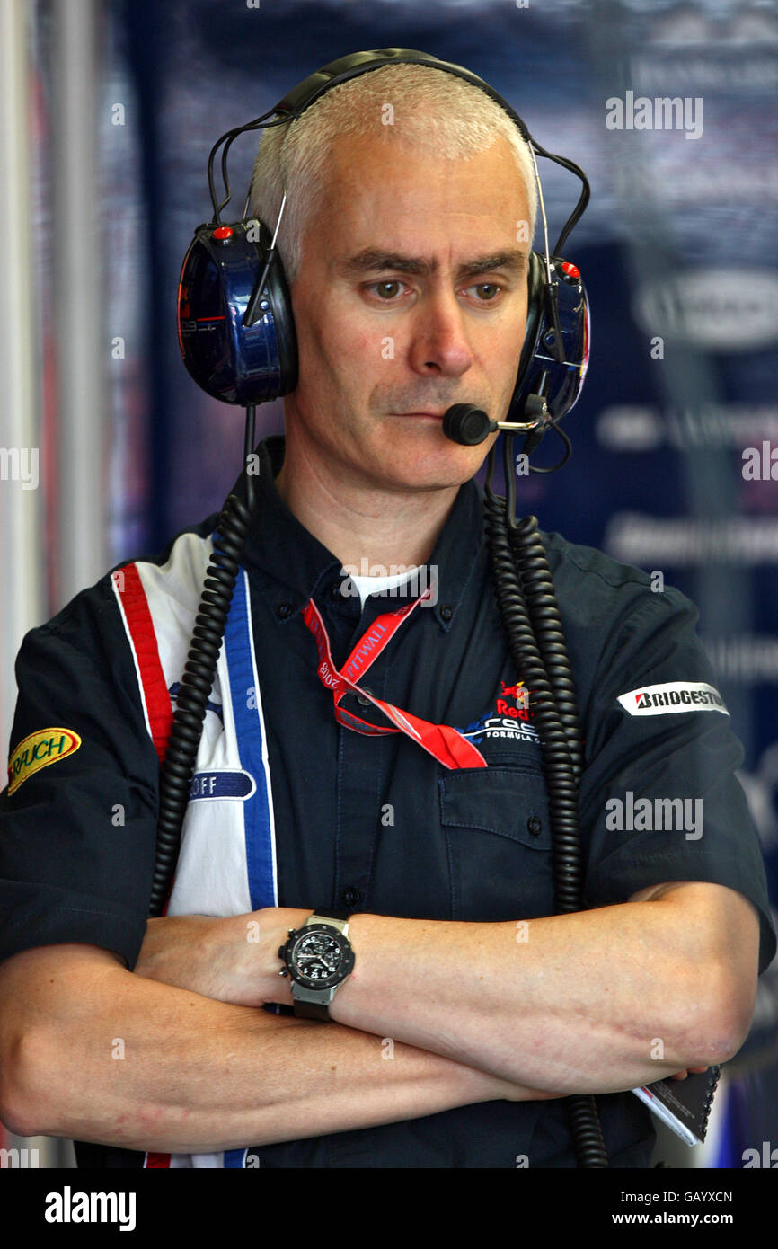 Technical Director of Red Bull Racing Geoff Willis, in his garage during first practice at Silverstone, Northamptonshire. Stock Photo