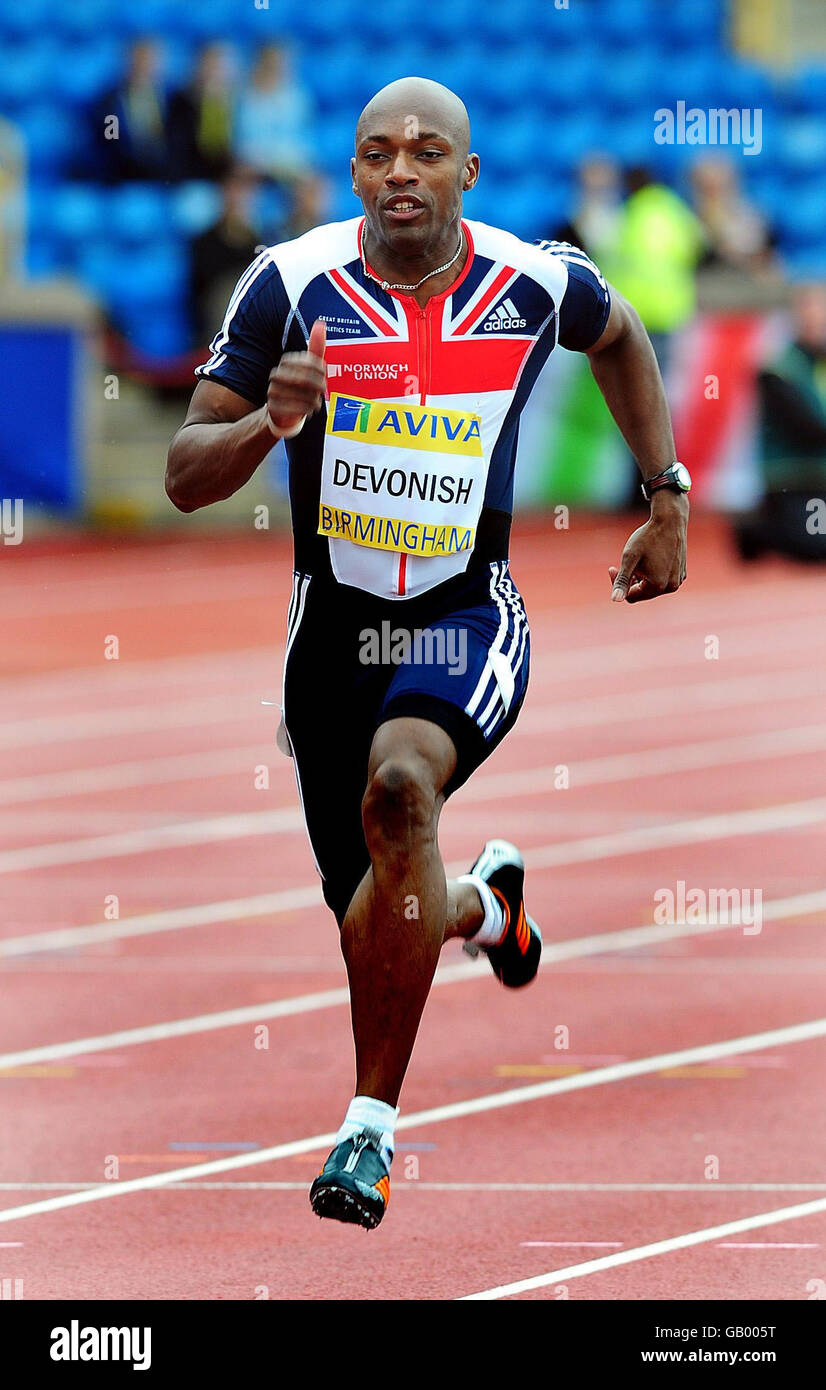 Marlon Devonish during the 100m Men Heats at the Norwich Union Olympic Trials and UK Championships at the Birmingham Alexander Stadium in Birmingham. Stock Photo