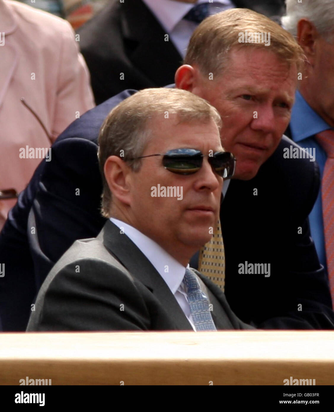 Prince Andrew, The Duke of York takes his seat for the mens semi final between Switzerland's Roger Federer and Russia's Marat Safin during the Wimbledon Championships 2008 at the All England Tennis Club in Wimbledon. Stock Photo