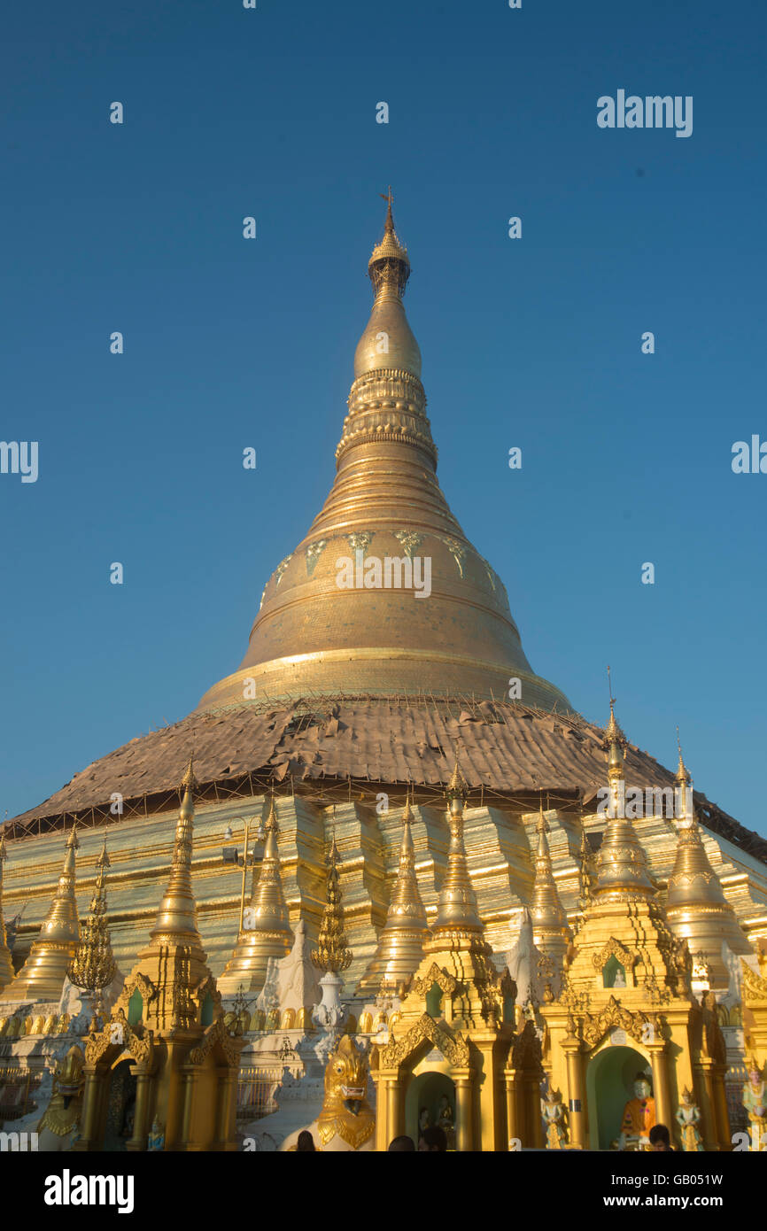 the architecture in the Shwedagon Paya Pagoda in the City of Yangon in Myanmar in Southeastasia. Stock Photo