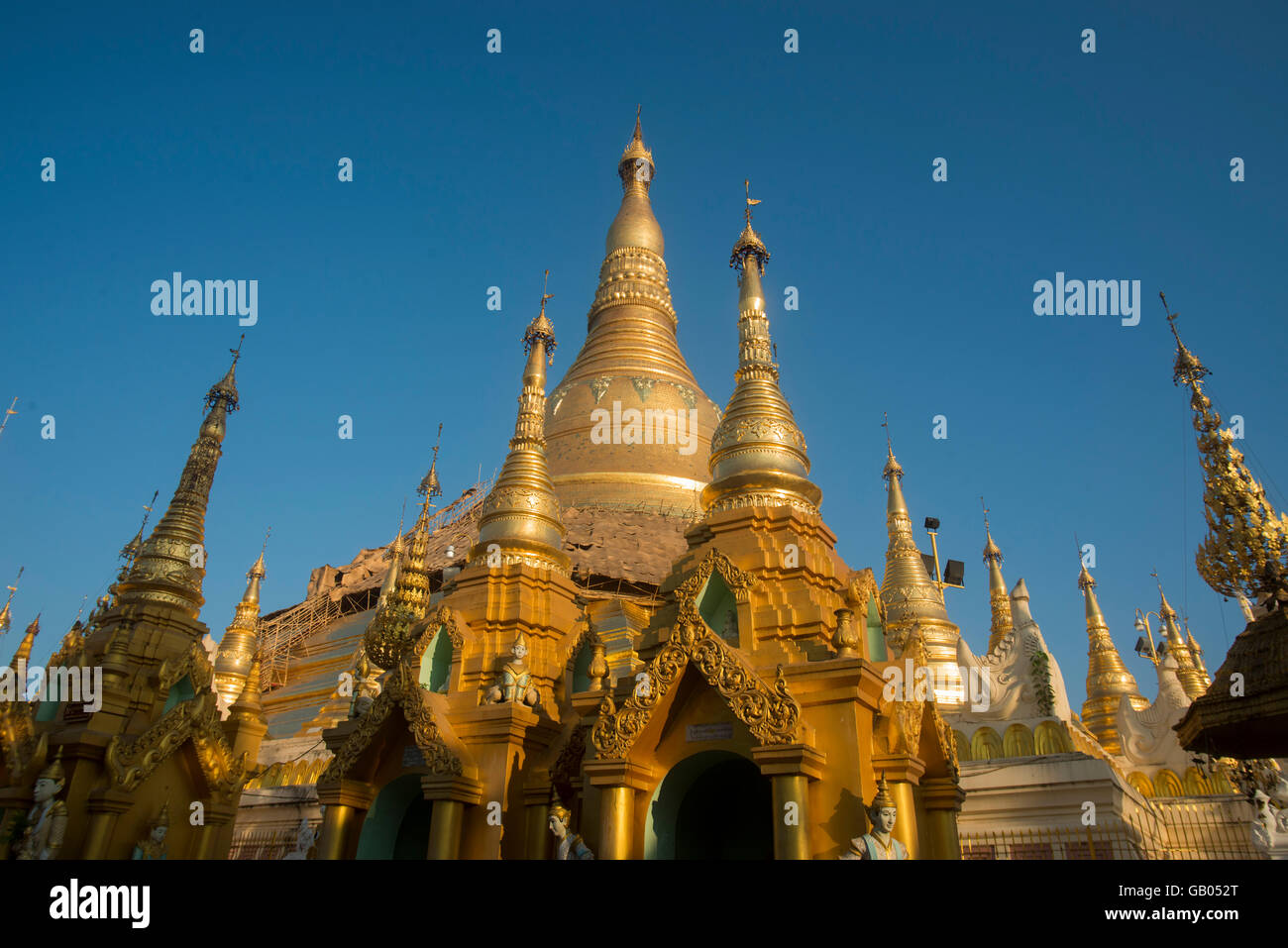 the architecture in the Shwedagon Paya Pagoda in the City of Yangon in Myanmar in Southeastasia. Stock Photo