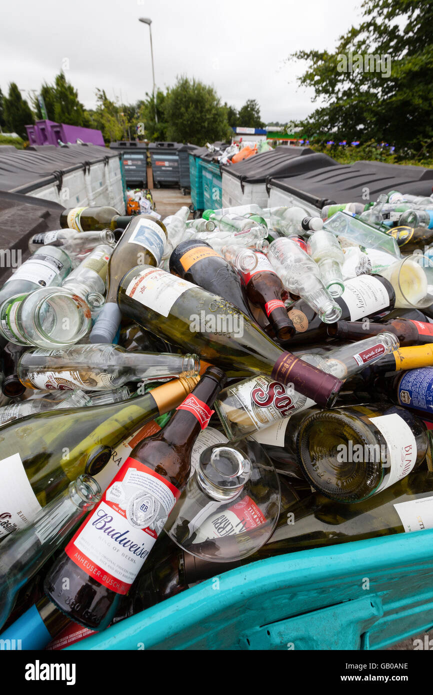 Overflowing recycling glass bottle bank in Winchester, UK Stock Photo