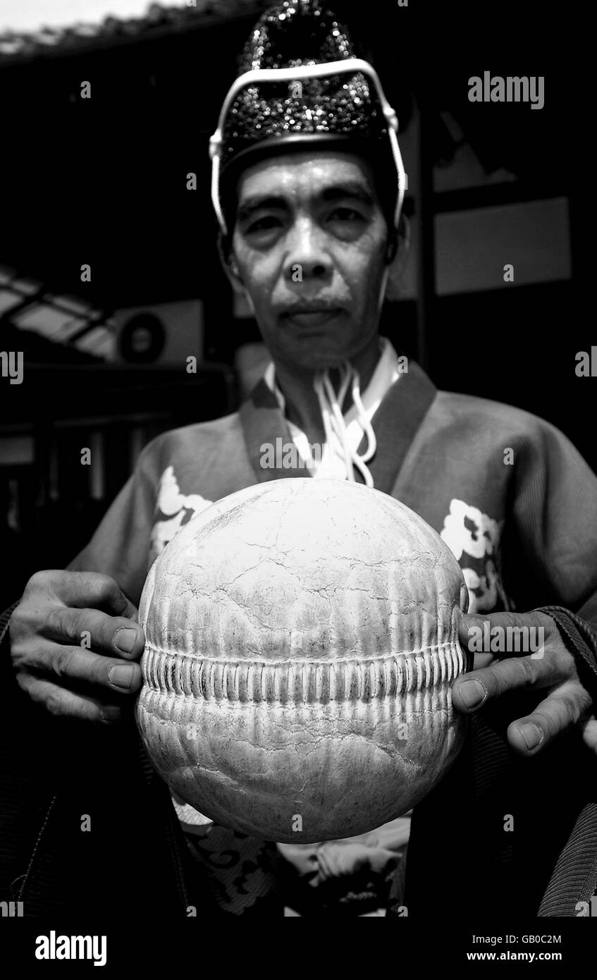 Soccer - FIFA World Cup 2002 - Kemari in Koyoto, Japan. A Kemari player holds the deerskin-covered ball, stuffed with sawdust and tied together with horse skin Stock Photo