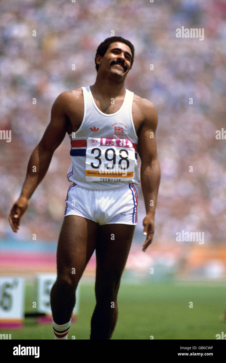 Great Britain's Daley Thompson in action in the shot put, on his way to setting a new world record points total of 8847 Stock Photo