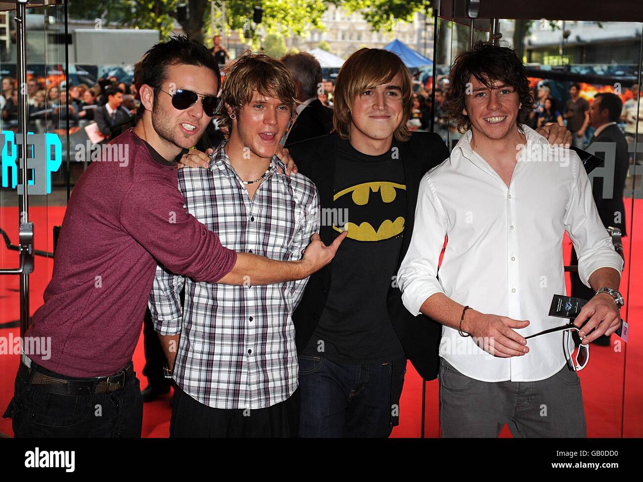 (left to right) Harry Judd, Dougie Poynter, Tom Fletcher and Danny Jones of McFly arrive for the European premiere of 'The Dark Knight' at the Odeon West End Cinema, Leicester Square, London. Stock Photo