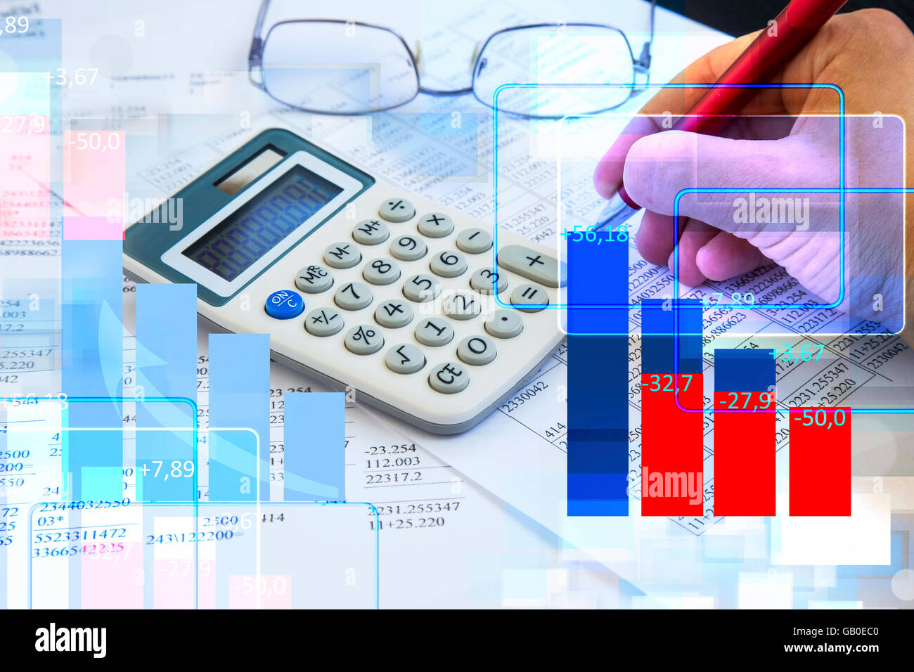 Financial accounting with stats ,papers and calculator Stock Photo