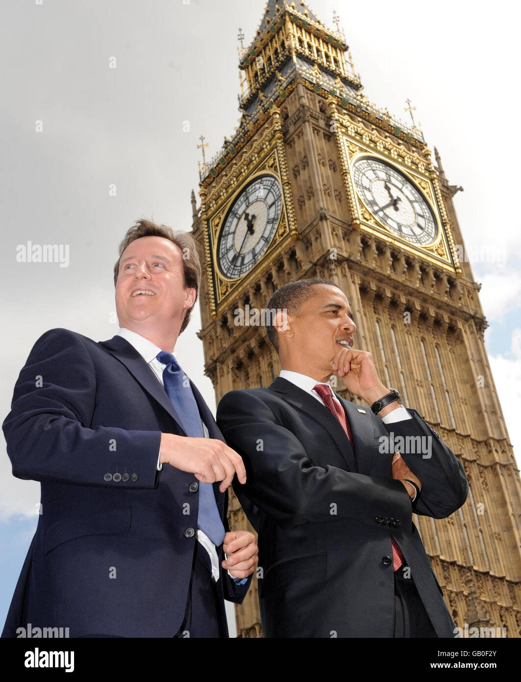 US senator Barack Obama (right) meets with Conservative Party leader David Cameron outside the Houses of Parliament in London. Stock Photo