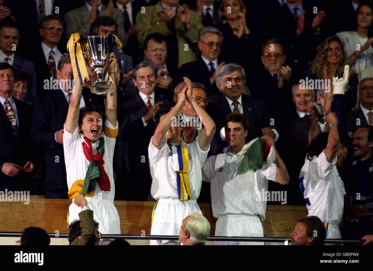 Parmas lorenzo minotti lifts aloft the european cup winners cup hires