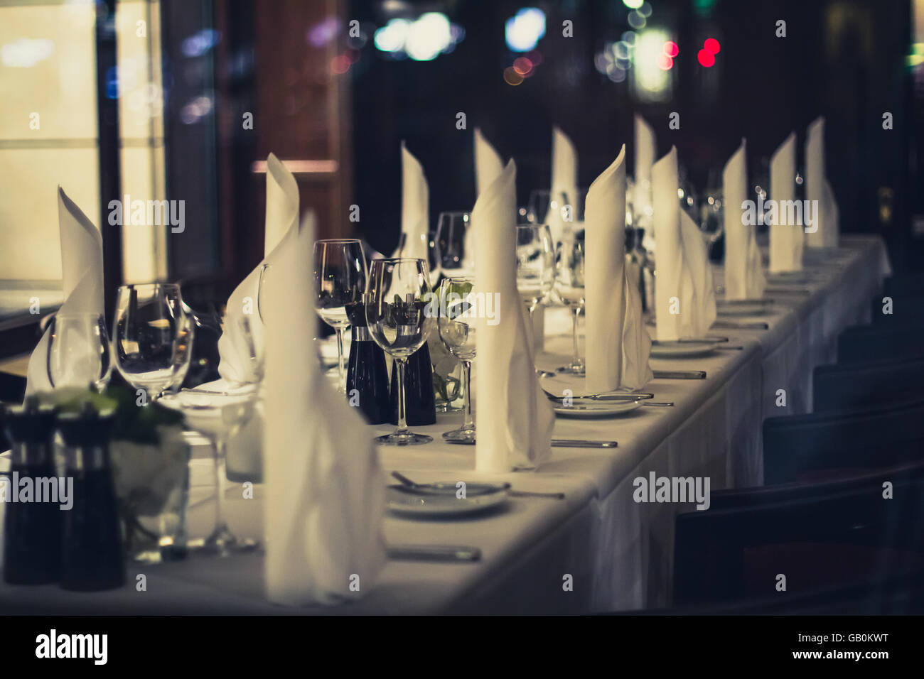 Beautiful decorated dinner table  - ambient restaurant concept Stock Photo
