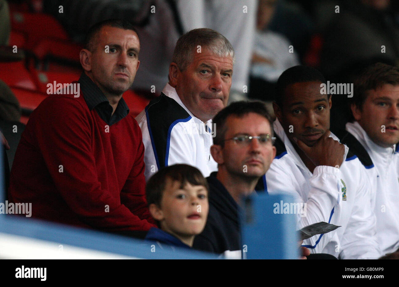 Blackburn's new management team (left to right) Nigel Winterburn, Archie Knox and Paul Ince watch the Pre-Season Friendly match at the Moss Rose Stadium, Macclesfield. Stock Photo