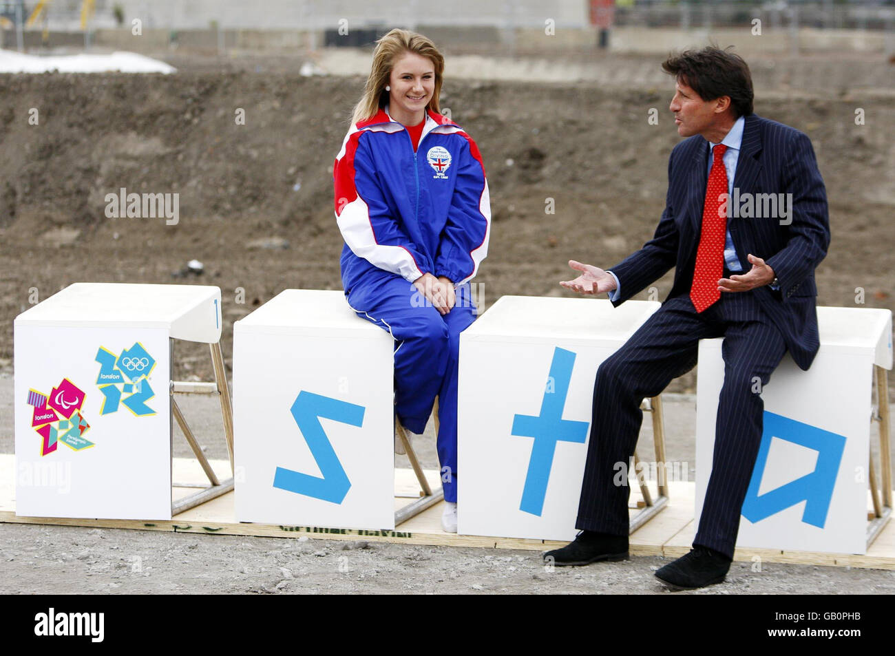 Sebastian Coe (right) chair of the London 2012 organising committe and 14 year old diver Jessica Williams during the photo call at the Stratford, London. Stock Photo