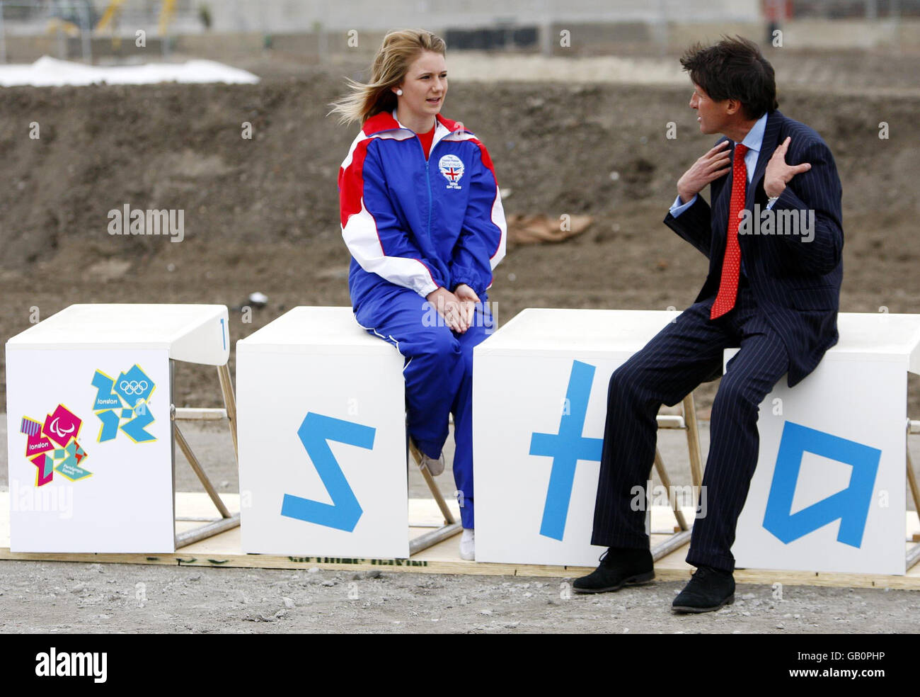 Sebastian Coe (right) chair of the London 2012 organising committe and 14 year old diver Jessica Williams during the photo call at Stratford, London. Stock Photo