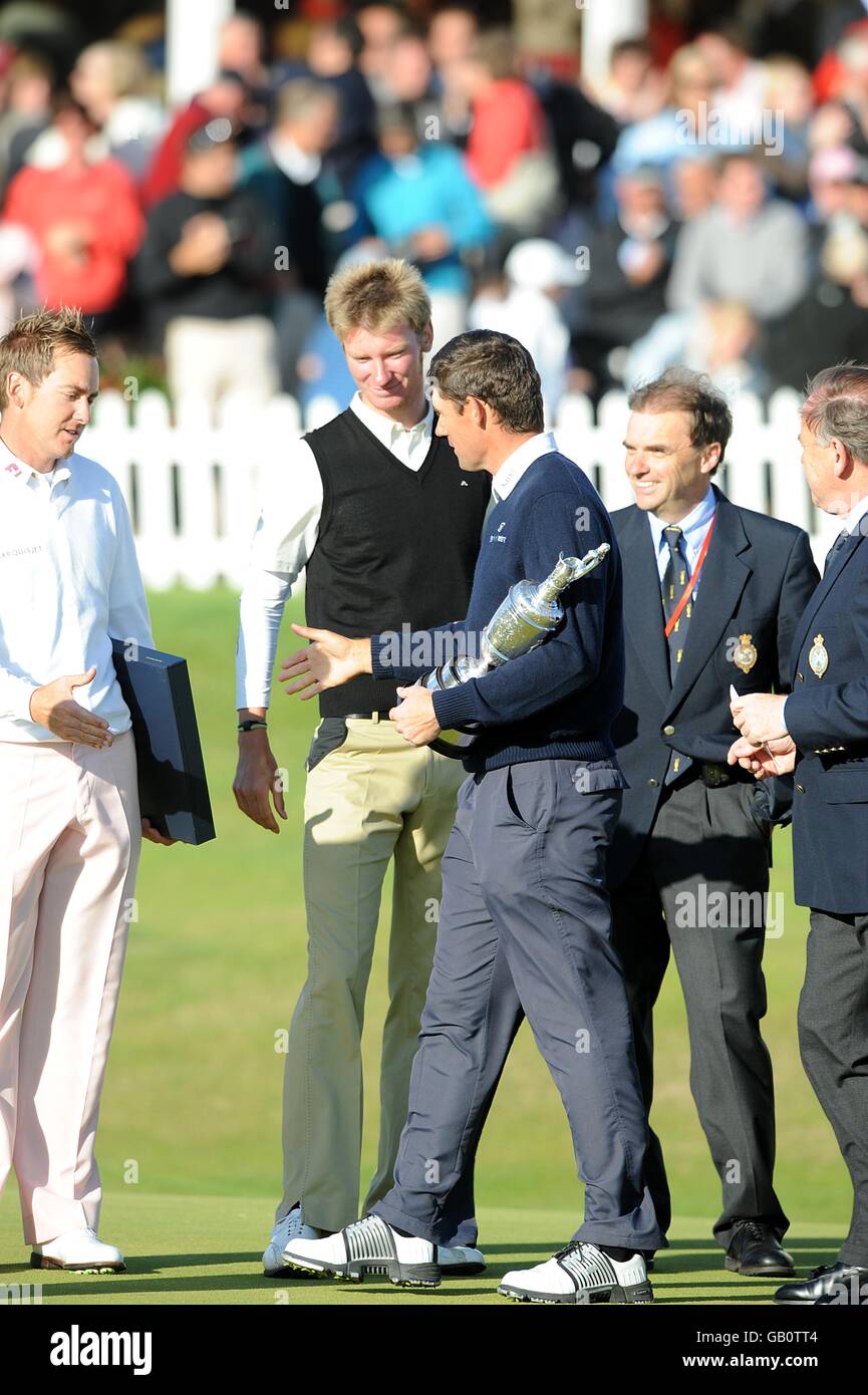 England's Chris Wood and Ian Poulter congratulate Republic of Ireland's Padraig Harrington on his Victory at the 2008 Open Championship Stock Photo