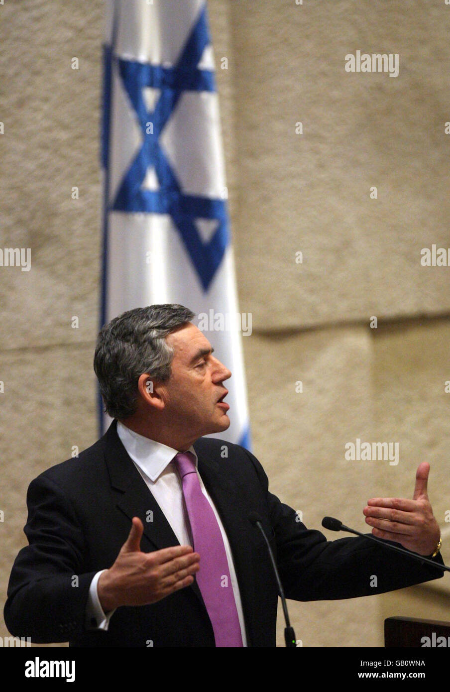 Prime Minister Gordon Brown addresses the Israeli Parliament. Stock Photo