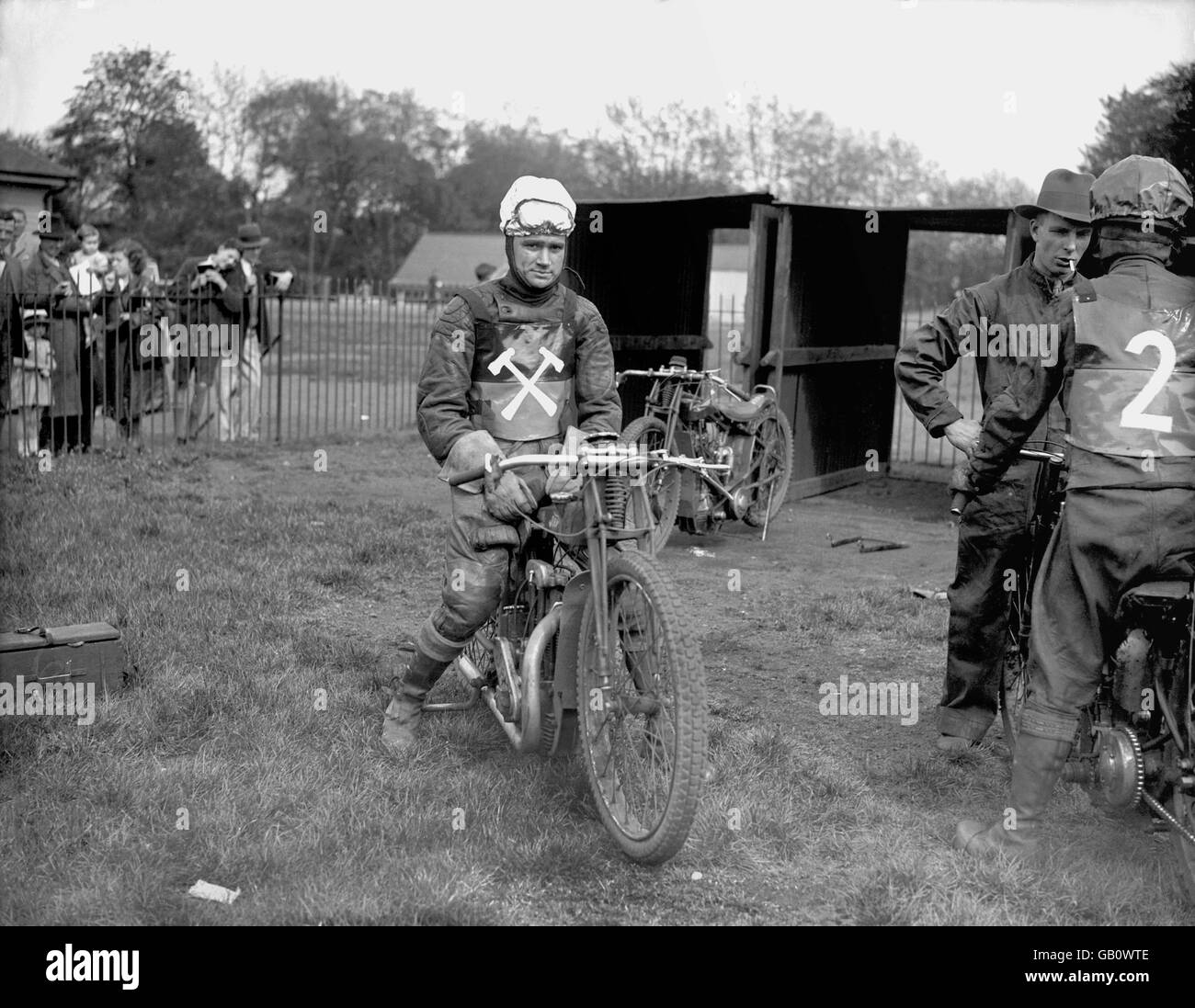 Speedway - Teams - West Ham - 1933. Harold 'Tiger' Stevenson, one of the early 'stars' of Speedway, sitting on his Rudge-Whitworth/J.A.P. bike. Stock Photo