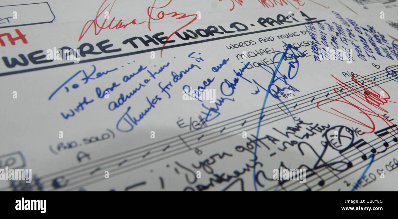 Close-up oloist booth song sheet used for the 1985 recording of 'We are the World', individually signed by the artists involved, including Lionel Richie, Willie Nelson and Diana Ross, which is expected to fetch between 5,000 and 6,000 when it goes under the hammer later this year, auctioned by the Fame Bureau at the Idea Generation Gallery in London. Stock Photo