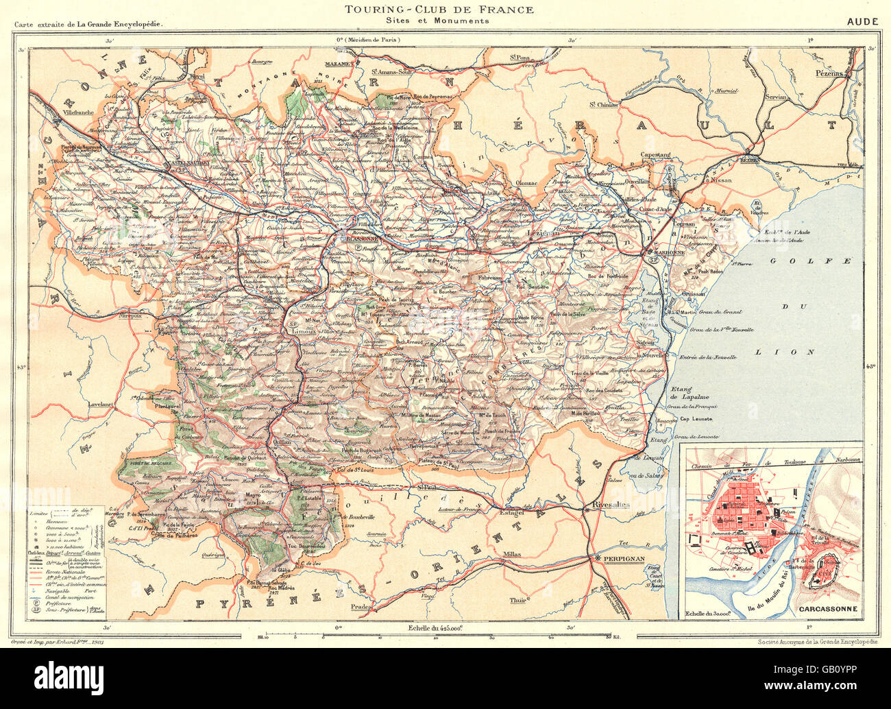 AUDE: Département. Aude: Inset city town map plan of Carcassonne, 1903 Stock Photo