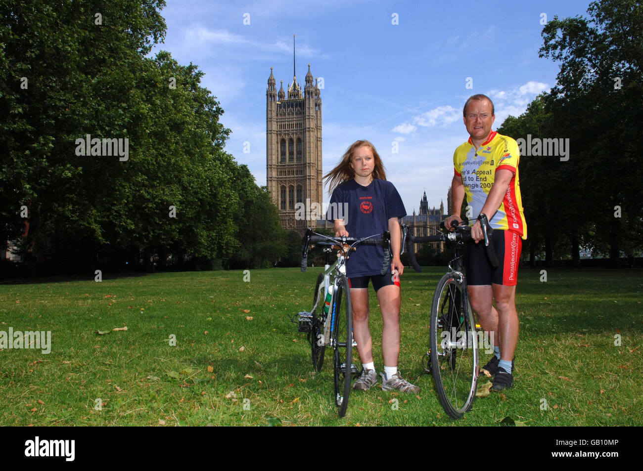 Rebecca and Mike Tomlinson, daughter and husband of the late Jane Tomlinson, in Westminster, London, as they set off from the City to complete their ride from John O'Groats to Lands End. Stock Photo