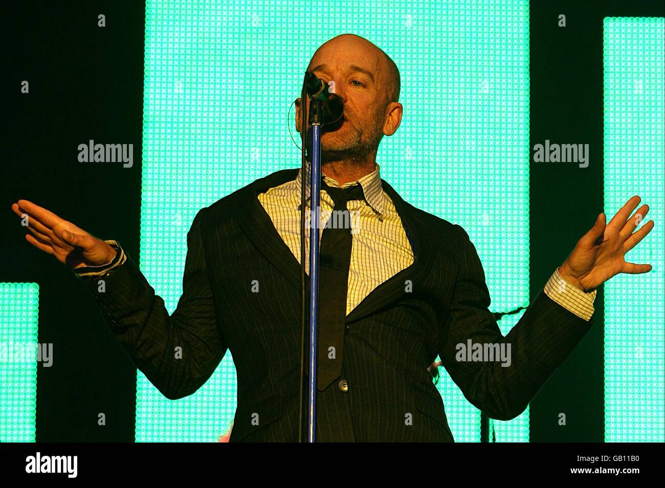 Michael Stipe on stage during REM's performance during the Oxegen Festival 2008 at the Punchestown Racecourse, Naas, County Kildare, Ireland Stock Photo