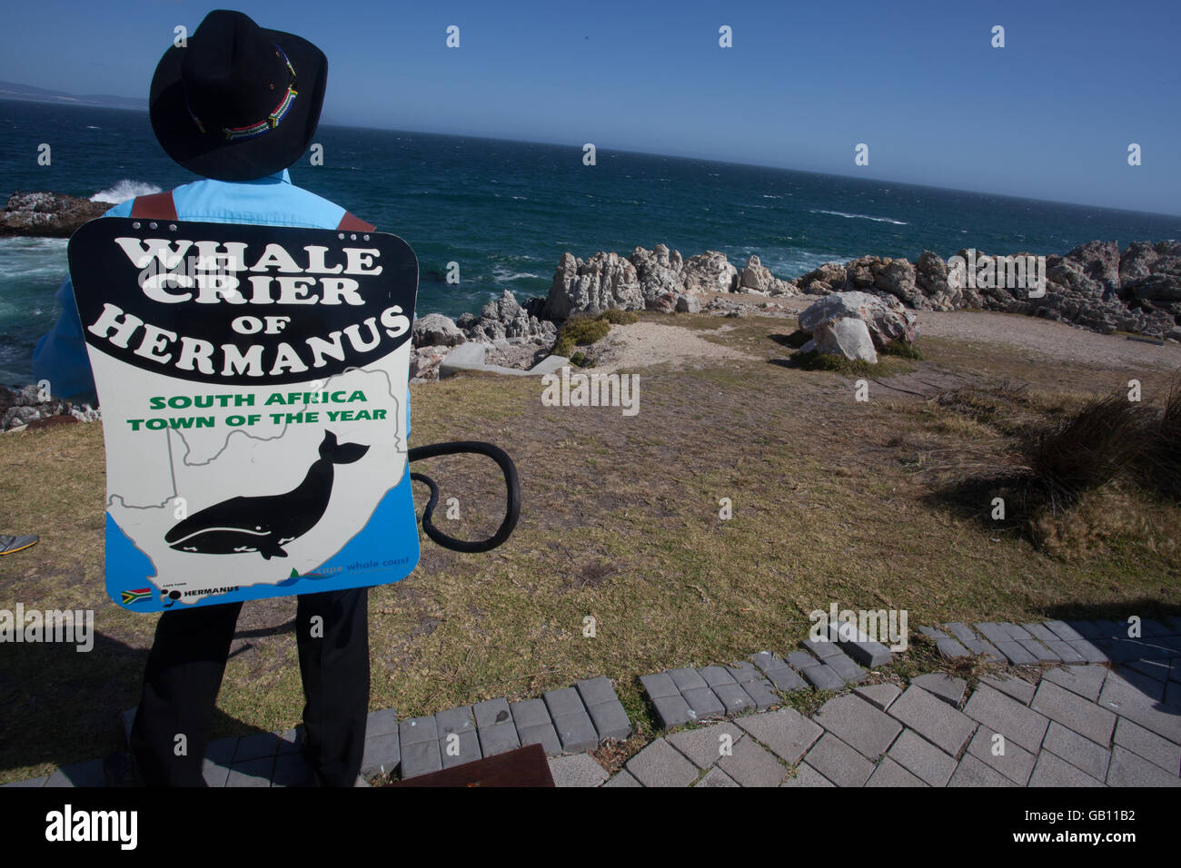 The Whale Crier of Hermanus is a local legend who alerts those interested of the presence of the noble beast of the ocean. Stock Photo