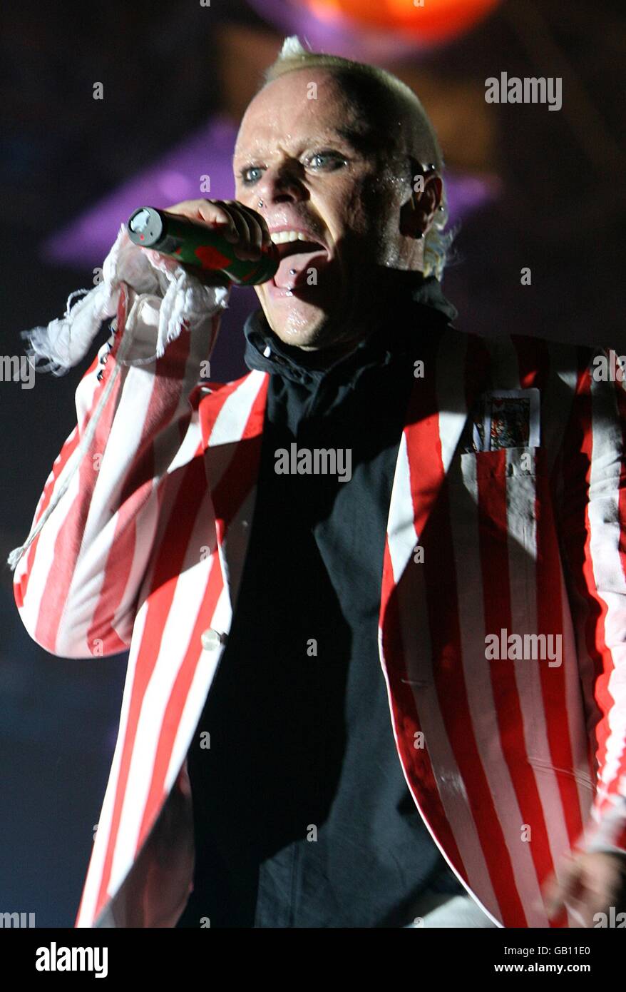 Prodigy lead singer Keith Flint performs during the Oxegen Festival 2008 at the Punchestown Racecourse, Naas, County Kildare, Ireland. Stock Photo