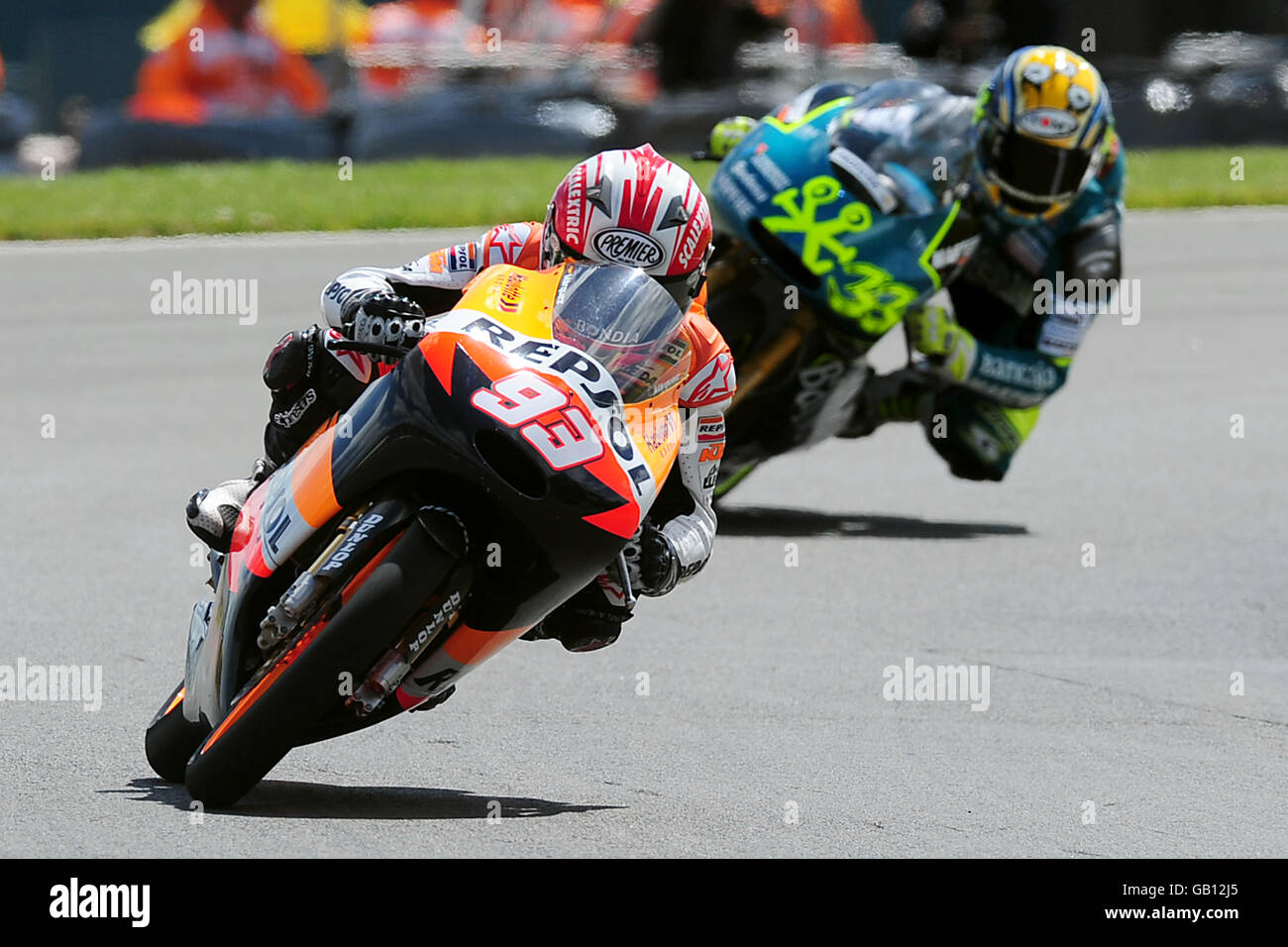Repsol KTM's Marc Marquez (left) on his KTM 125 FRR during the 125cc Race during the bwin.com British Motorcycle Grand Prix at Donington Park. Stock Photo