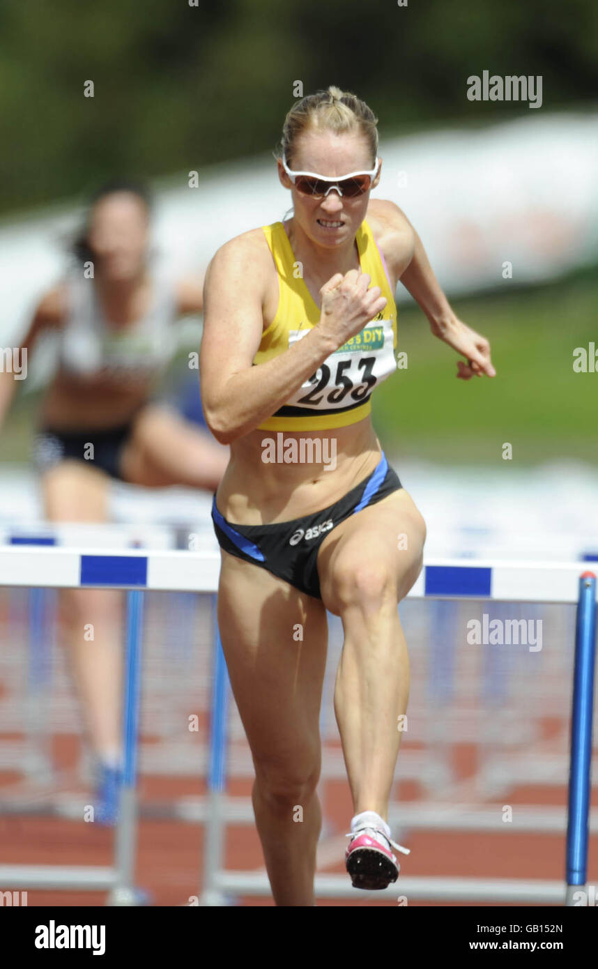 Derval O'Rourke goes on to win the Women's 100metres hurdles final during the Woodies DIY Senior Track and Field Championships at Morton Stadium, Santry, Dublin. Stock Photo